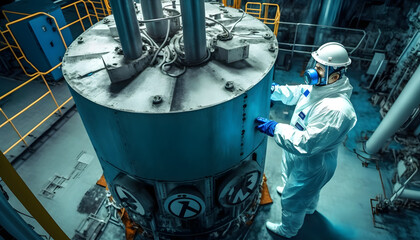 Electrical atomic station, Engineer man checks reactor systems nuclear power plant. Generation AI