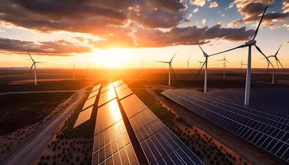 Foto auf Acrylglas Dunkelbraun Modern Wind turbines and solar panels sunset light. Concept eco green renewable energy. Generation AI