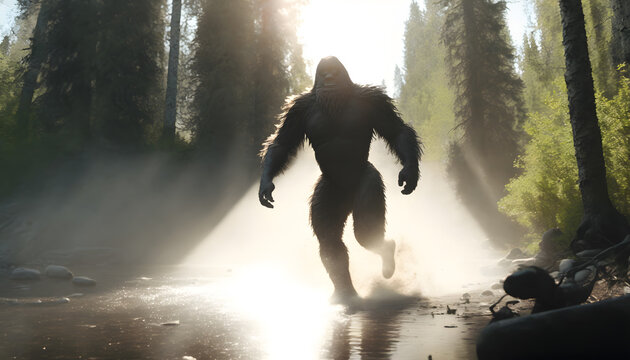 Mysterious creature bigfoot in middle of summer forest with sun light. Generation AI