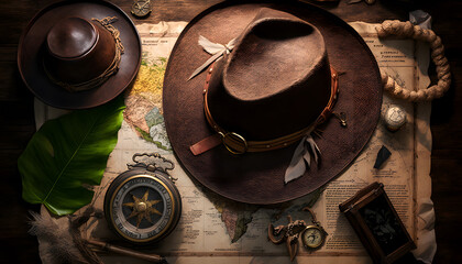 Pirate treasure map and compass, old captain hat on aged wooden table background. Concept sea travel, top view