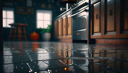 Fototapeta na wymiar Flooded floor in kitchen from water leak. Damage , Property insurance concept. Generation AI