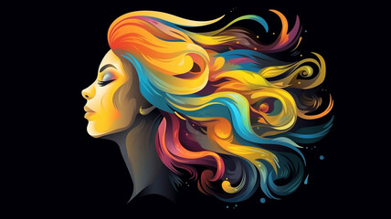 abstract female face with colorful long hair on black background. Generative AI