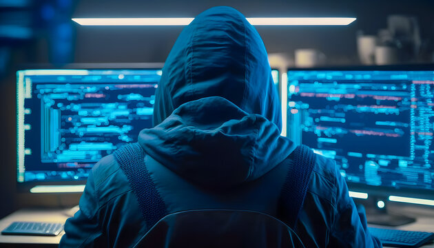 Back view hacker in hoodie working in dark neet, crypto theme neon color. Generation AI
