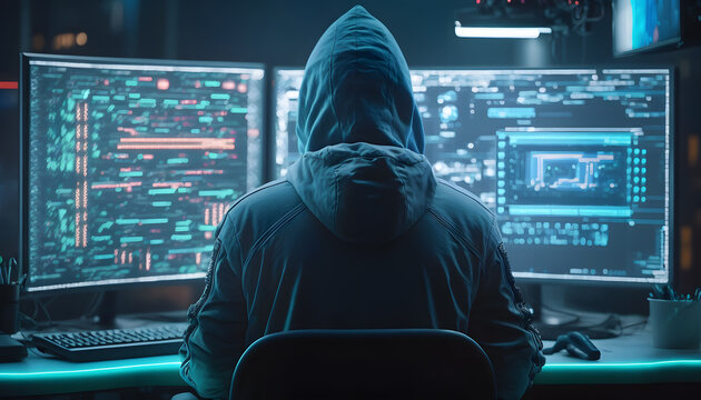 Back view hacker in hoodie working in dark neet, crypto theme neon color. Generation AI