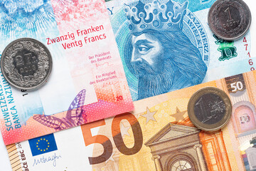 polish zloty, swiss francs and euro currency coins and banknotes