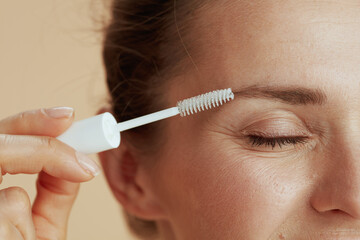 Closeup on young 40 years old woman with brow brush