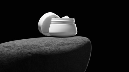 Jar with cream on big grey stone. Dark background. 3d render.