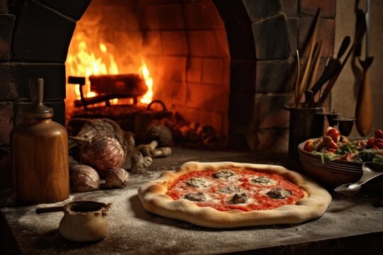 bake pizza in front traditional oven and stuff food photography