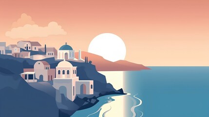Minimalist flat design poster, santorini landscape, summer blue sea. generative AI