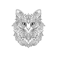 Outline black stroke cat line vector for coloring book. Decorative doodle cat isolated on white.