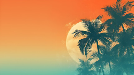 Vintage Postcard Style Palm Trees Silhouette at Sunset Background with Copyspace.