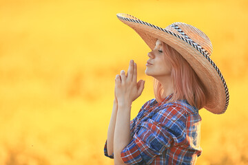 sexy cowboy girl in hat, country style summer american west