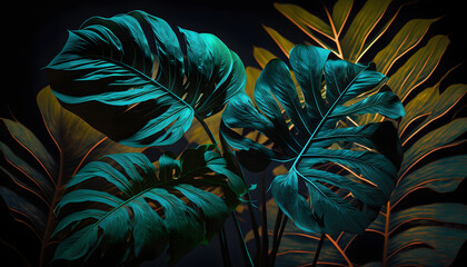 Flat lay tropical green leaf and palms background, dark nature concept.Generation AI