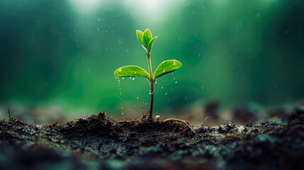 Small Sprout In The Soil Against The Background Of A Forest With Falling Rain Created With The Help Of Artificial Intelligence