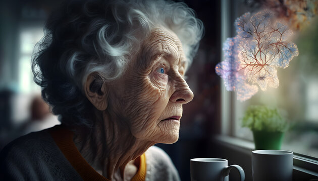 Concept dementia, memory loss. Senior old woman losing parts of head as symbol of decreased mind function. Generation AI