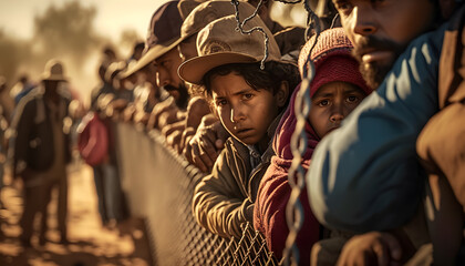 Refugee immigrants queue along high border fence Mexico and USA. Generation AI - obrazy, fototapety, plakaty