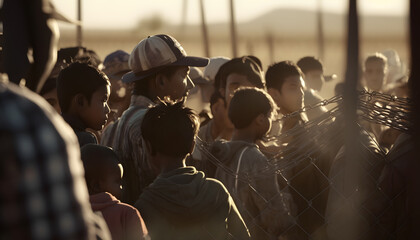 Refugee immigrants queue along high border fence Mexico and USA. Generation AI - obrazy, fototapety, plakaty