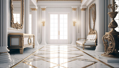 Fototapeta Light luxury royal posh interior in baroque style. White hall with expensive oldstyle furniture. Generation AI obraz