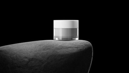 Jar with cream on big grey stone. Dark background. 3d render.