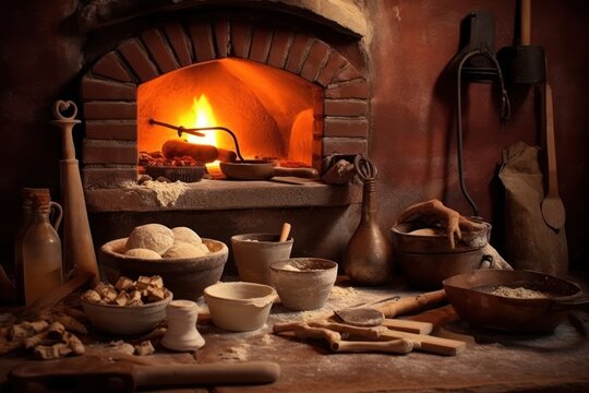 bake pizza in front traditional oven and stuff food photography