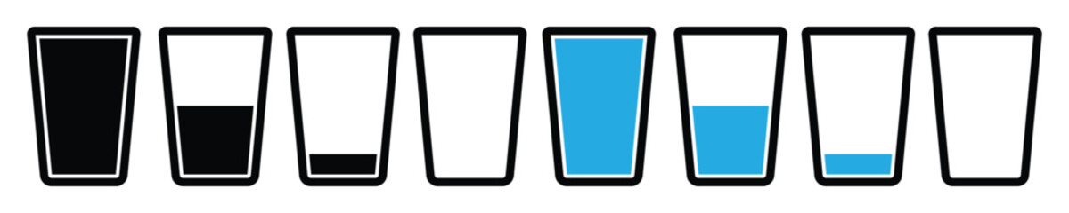 Water glass icon set in blue and black color. Milk or juice cup symbol. Waterglass vector sign. Tall glass full of water icon. - obrazy, fototapety, plakaty