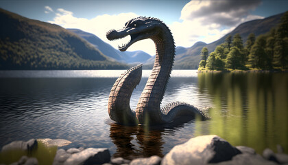 Naklejka premium Loch Ness Monster Nessie in water lake. Generation AI