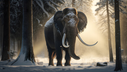 Woolly mammoth with sunlight, prehistoric animal in landscape frozen forest ice age. Generation AI