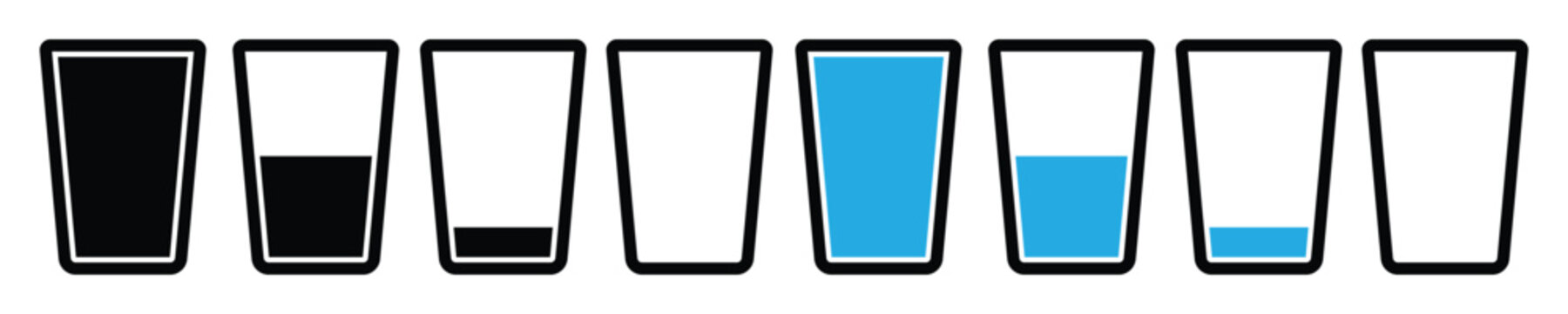 Water glass icon set in blue and black color. Milk or juice cup symbol. Waterglass vector sign. Tall glass full of water icon.