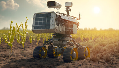 Industrial modern 4.0 agriculture modern farm with robots drone. Concept technology innovations farming. Generation AI.