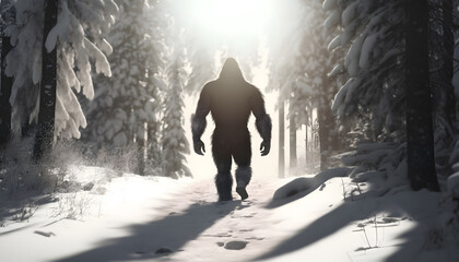 Mysterious creature bigfoot in middle of winter forest with sun light. Generation AI - obrazy, fototapety, plakaty