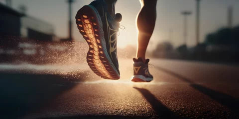 Türaufkleber Rear view closeup sport shoe of racer in running on trail with dust. Banner sneaker fitness for track. Generation AI © Adin