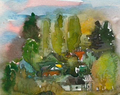 Watercolor landscape of the countryside, cozy houses on the background of nature, sunset or dawn illustration