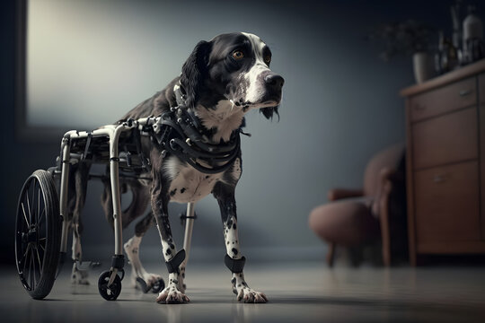 Handicapped dog in wheelchair at veterinary clinic, pet disabled. Generation AI