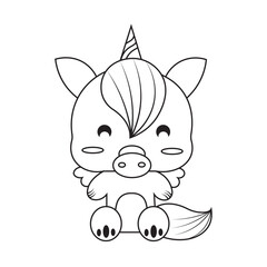 Baby unicorn sitting on cloud coloring page. Black and white cartoon illustration