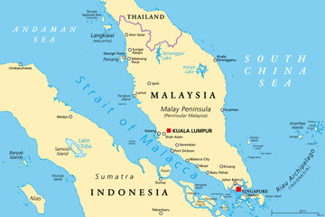 Strait of Malacca, political map. Important shipping lane and a main shipping channel between Malay Peninsula (Peninsular Malaysia) and Sumatra (Indonesia), connecting Andaman Sea and South China Sea.