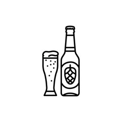 Beer bottle and mug black line icon.