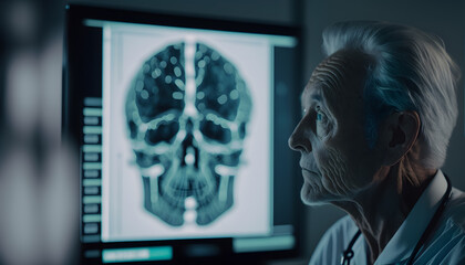 Concept dementia, memory loss. Senior old man losing parts of head as symbol of decreased mind function. Generation AI