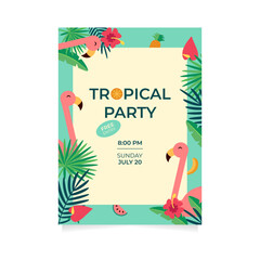Tropical Hawaiian party invitation with flamingoes, exotic flowers and leaves.