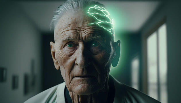 Concept dementia, memory loss. Senior old man losing parts of head as symbol of decreased mind function. Generation AI