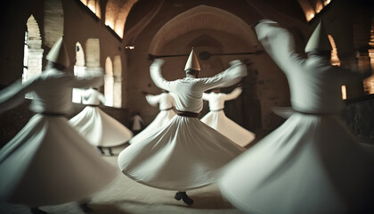 Obraz na płótnie Canvas Sufi Dervish Whirling Silhouette in white dress, Turkey. Generation AI