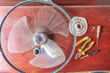 Fan with blades removed for repair