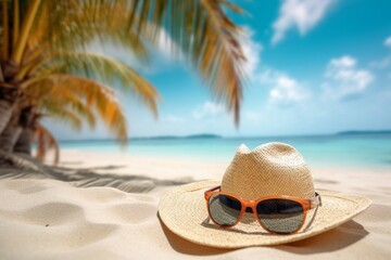 Fototapeta na wymiar hat and sunglasses on the beach Generative AI
