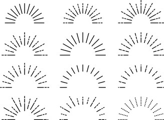 サンバーストの光線の飾りセット。ベクターは線幅が編集可能なパス。