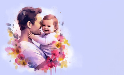 Fathers Day greeting card with a portrait of dad and his daughter in arms on a blue background, flowers and copy space in watercolor painting style, AI generated