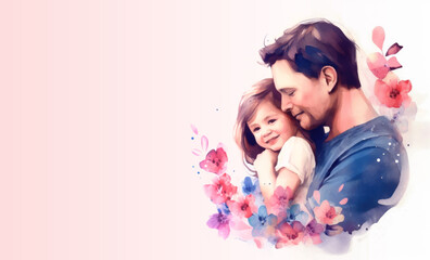 Obraz na płótnie Canvas Lovely portrait of a dad and his daughter in arms with some flowers in watercolor painting style for Fathers Day greeting card background, AI generated