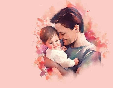 Fathers Day banner with a dad and his baby son in arms on a pink background, flowers and copy space in watercolor style, AI generated