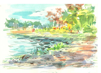 tropical landscape with trees watercolors for card decoration illustration