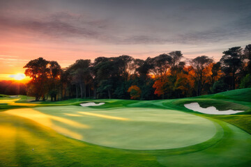 Digital landscape photo of golf course at sunrise. Concept of ecological environment. Generative AI