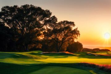 Digital landscape photo of golf course at sunrise. Concept of ecological environment. Generative AI