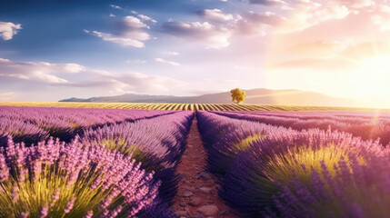 Fototapeta na wymiar Blooming rows of lavender in the south of France in summer with its iconic purple blossoms.